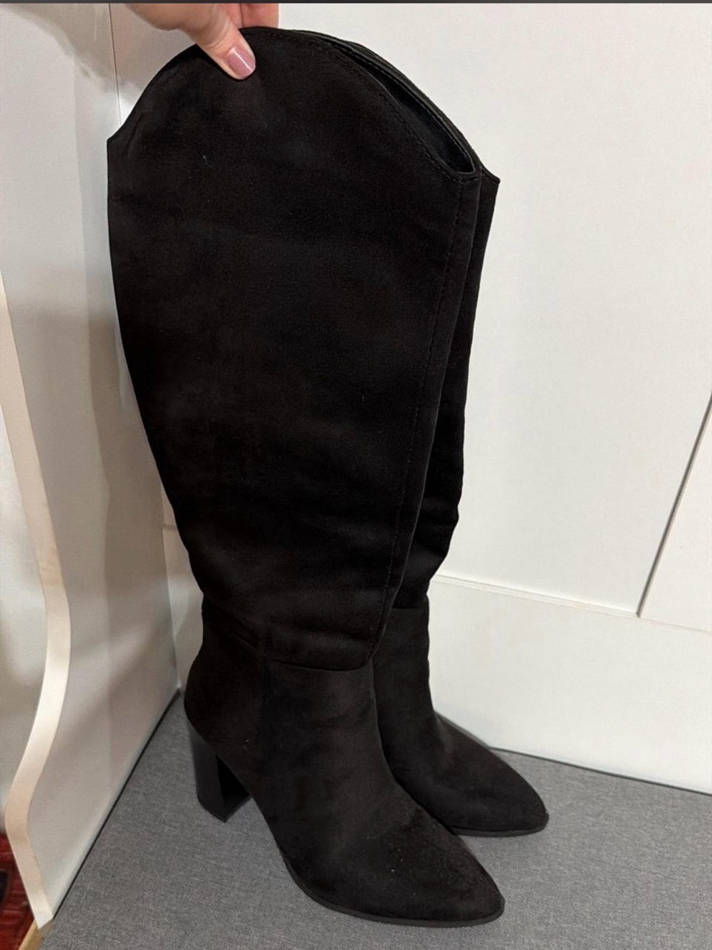 Black Suede Knee-High Block Heel Boots - Women's